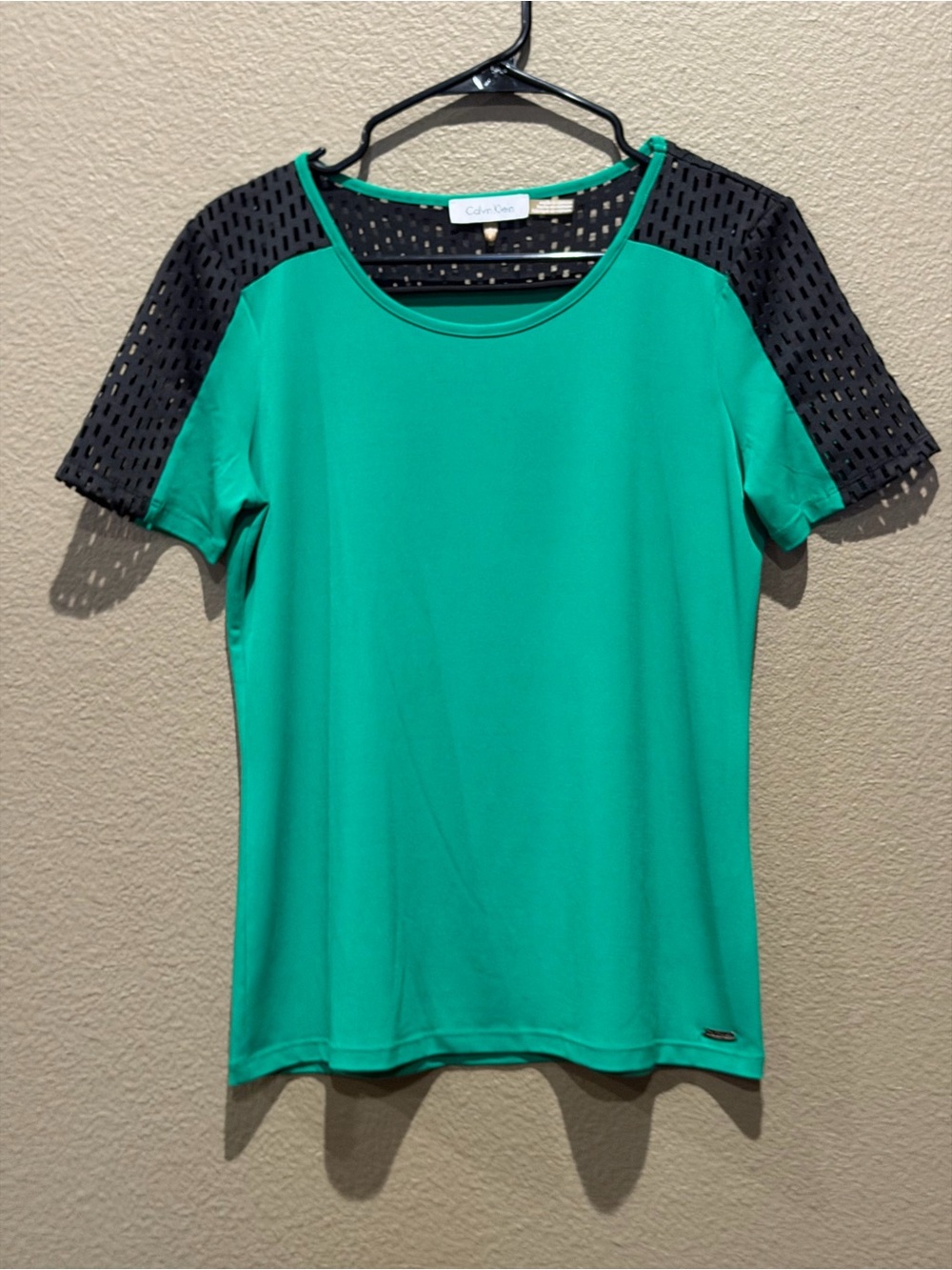 Calvin Klein Emerald Green Short-Sleeve Tee with Black Mesh Shoulders